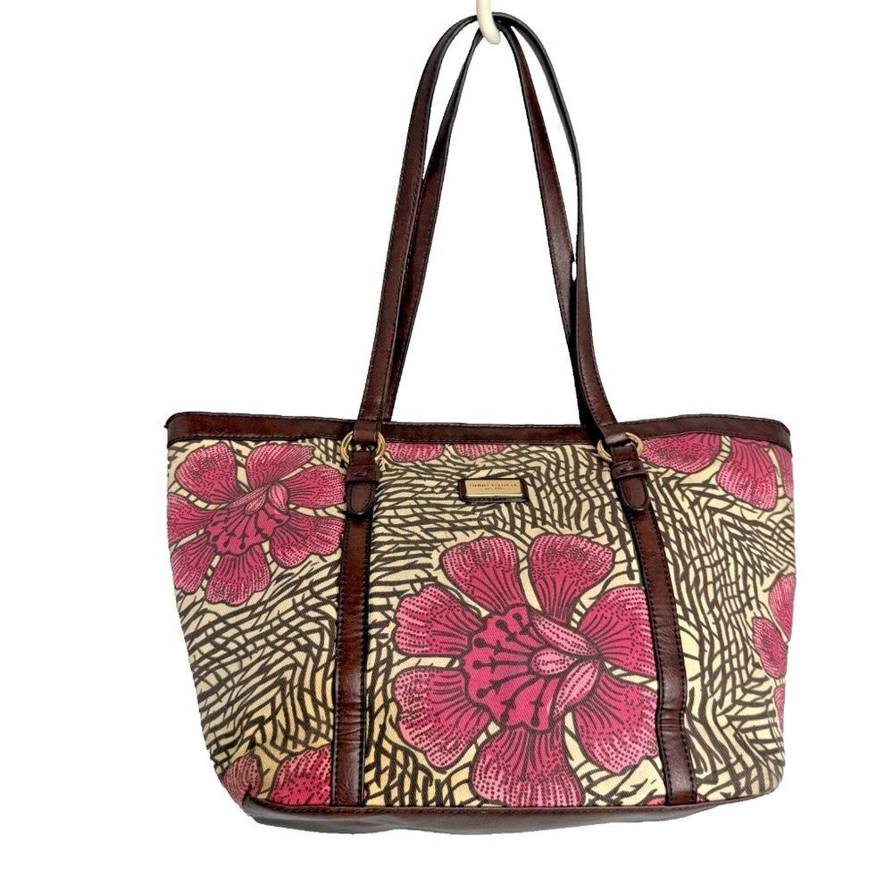 Tommy Hilfiger Pink Floral Canvas Tote Bag Brown Leather Accents 17"x10"x5" EUC